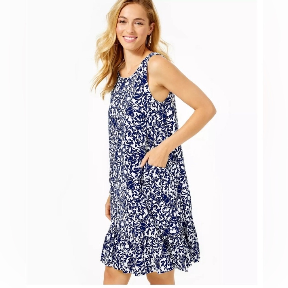 Lilly Pulitzer Kristen Flounce Dress SZ L Krillin It Coastal Oyster Blue EUC